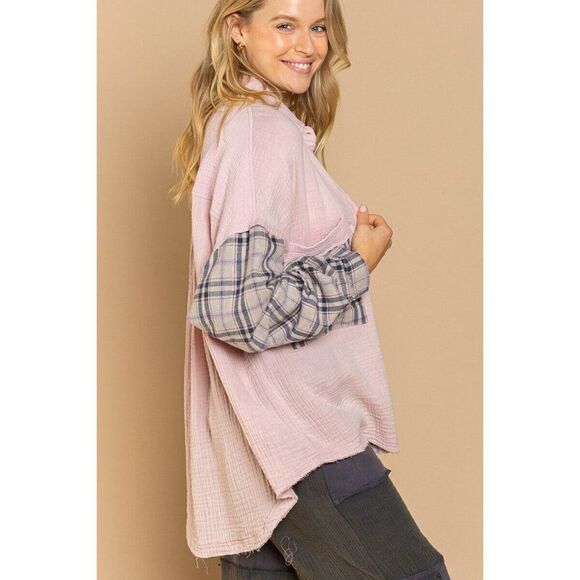 SALE! POL Clothing Long Sleeve Relaxed Fit Shacket Plaid Women's Mauve YKT19A - Picture 2 of 4